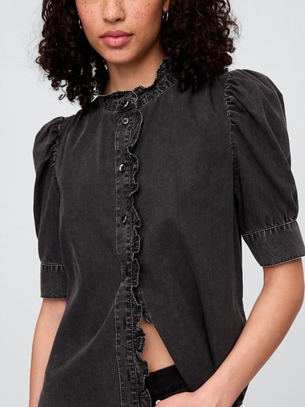 Gap Sz L NWT Puff Sleeve Black Denim Shirt Womens Ruffle Button Going Out